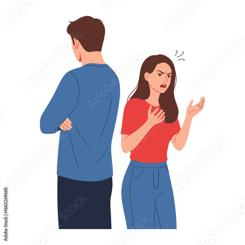 Confrontation: A vector illustration depicting a tense moment between a couple, the woman expressing anger while the man stands with his back turned.
