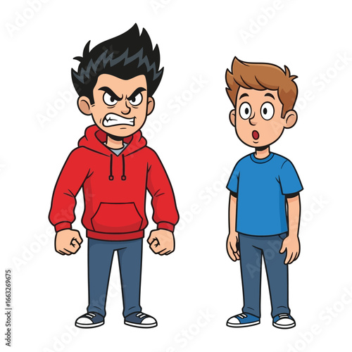 Animated Anger and Anxiety: A vividly animated illustration depicting a confrontation between two youths, with one exuding fury and the other displaying bewilderment and alarm.