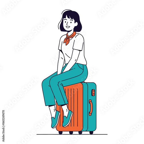 Waiting for Adventure: A young woman sits atop her luggage, a radiant smile upon her face, her eyes alight with the anticipation of travel and the open road. Ready for a new experience.