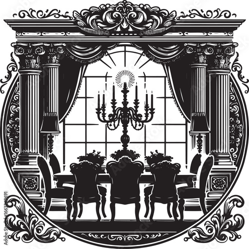 Elegant Dining Room Illustration Featuring Chandelier, Curtains, and Classic Architecture Design