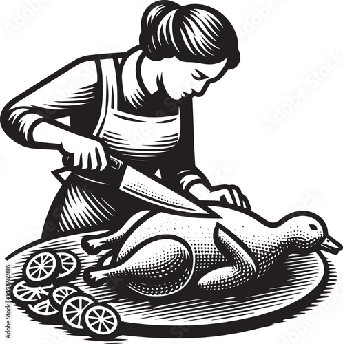A detailed black and white illustration of a person carving a roasted duck for a meal