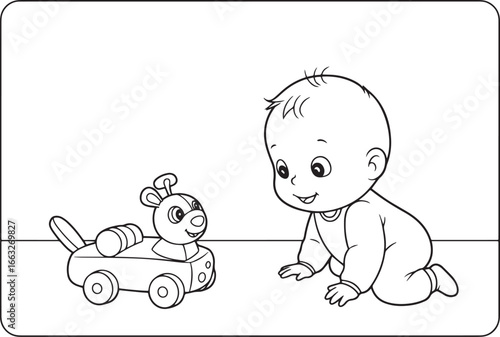 A cute cartoon baby is looking at a toy car with a dog, line dra