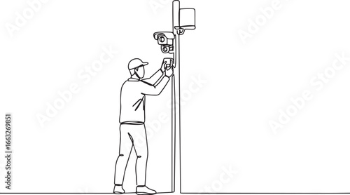 Continuous line drawing of technician installing security camera