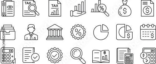 Tax accounting finance icons, auditing illustration, money management, investment symbols, bank building, calculator, pie chart, document, percentage, business report