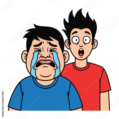 Distress and Surprise: A comic scene of two figures where one weeps uncontrollably while the other is stunned, portraying a wide range of strong emotions.