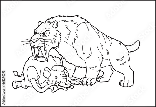 Cartoon illustration: Saber-toothed tiger hunting a miniature ma