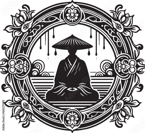 Intricate Black and White Illustration of a Meditating Monk in a Decorative Circular Frame