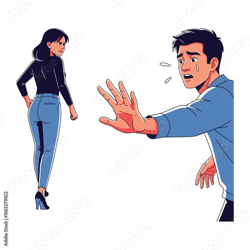 Broken Bonds: An illustration that shows the painful unraveling of affection. A woman, head held high, strides away, while a man, face etched with sorrow, desperately reaches out.