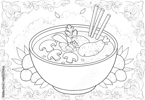 Delicate Tom Kha Gai Soup Illustration with Intricate Border Dec