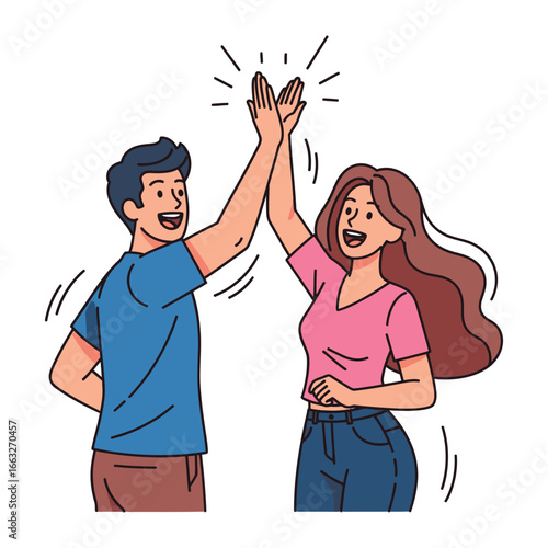 High Five: A celebratory moment of connection as two individuals, a man and a woman, share a high five, expressing joy and success in this illustrated image.