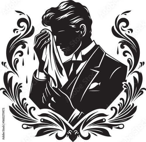 Elegant Silhouette of a Man Wiping Tears Surrounded by Ornate Floral Design Elements