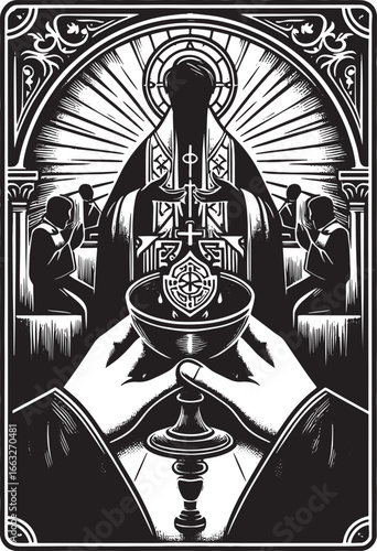 Intricate Black and White Illustration of a Religious Ceremony Depicting Spiritual Devotion