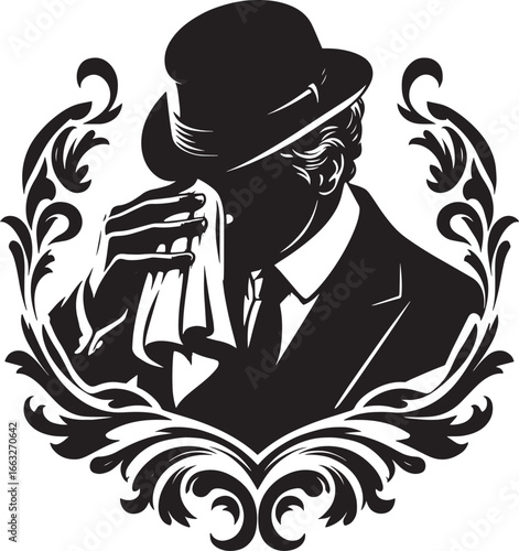 Elegant Vintage Silhouette of a Man in a Suit and Hat, Holding a Handkerchief, with Floral Frame