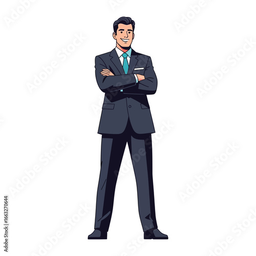 Confident Professional in Tailored Suit: A sophisticated man, exuding confidence and poise, stands with arms crossed, dressed impeccably in a tailored suit. A vibrant depiction of success and style.