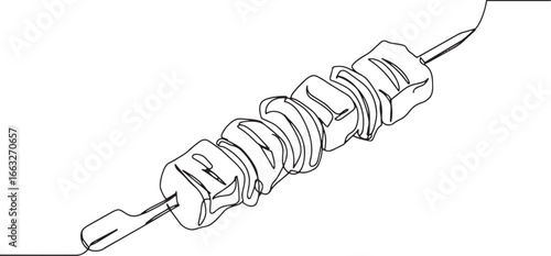 Minimalist continuous line art of a delicious, grilled meat skew