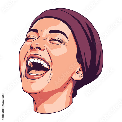Joyful Laughter: Captivating illustration of a person, head tilted back, with closed eyes, mouth wide open and a powerful expression of pure happiness.