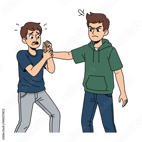 Illustration of Conflict: A tense scene of disagreement, with one person confronting another, illustrating conflict with expressive gestures.