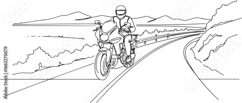 Line art depicting motorcyclist on winding road amidst scenic la