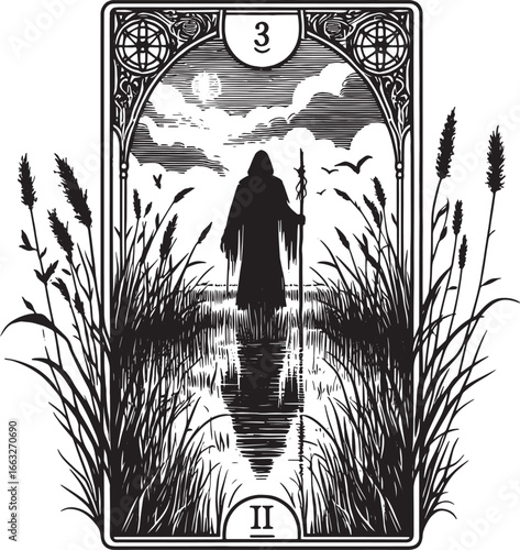 Mystical Tarot Card Illustration Featuring a Figure in a Swampy Landscape with Celestial Elements