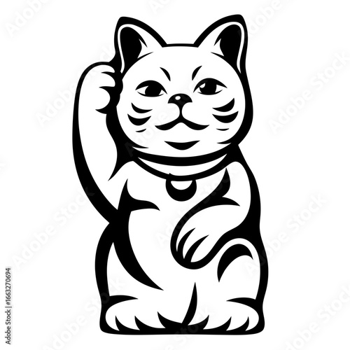 Black and white line art of a beckoning or lucky cat image