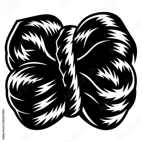 Stylized illustration of a voluminous textured bow in black and white