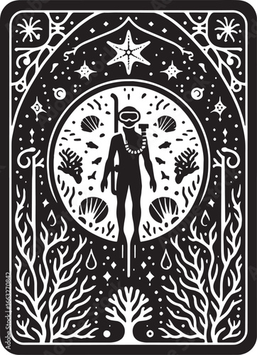 Intricate Silhouette of a Mystic Woman Within a Crescent Moon Holding a Staff