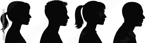  A collection of vector graphic silhouettes of diverse human heads and faces in profile view, including men and women, isolated on a pure white background.