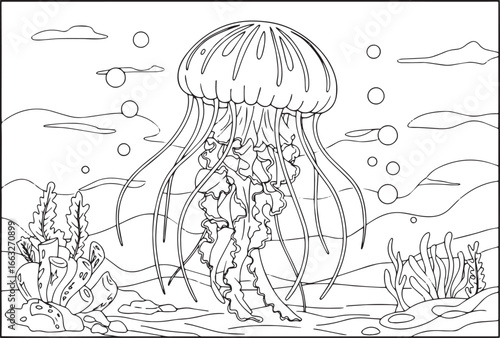 Detailed Jellyfish Underwater Scene Coloring Page for Kids and A