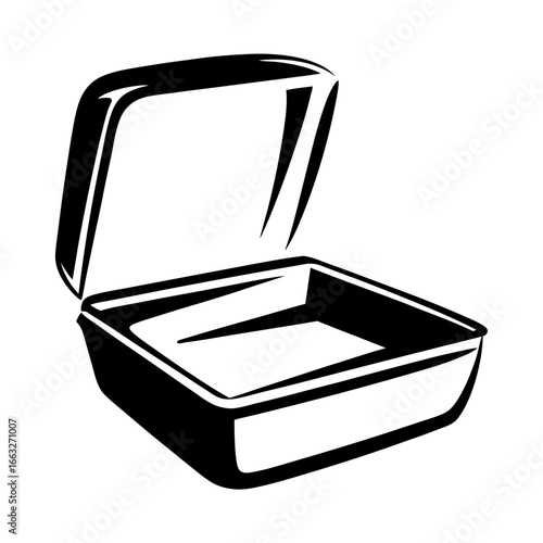 Stylized black and white vector art of an open takeout container