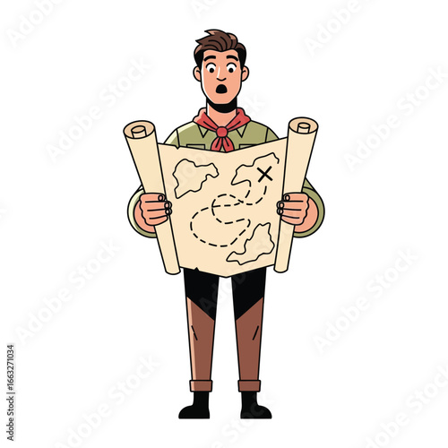 Young Explorer's Quest: An illustration of a young explorer engrossed in a detailed map, his eyes wide with surprise as he uncovers a hidden path.