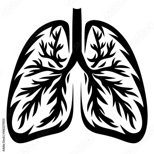 Anatomical drawing of the human lungs with bronchial tree in black silhouette