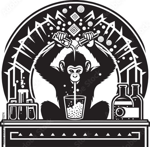 Illustrative depiction of a chimpanzee conducting a science experiment, black and white