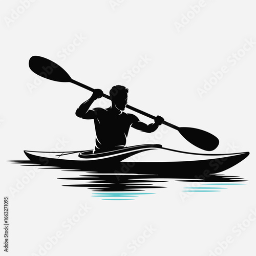 Black silhouette vector of an athletic man kayaking on water, paddling with an oar. An isolated graphic of a kayaker for sports and recreational concepts