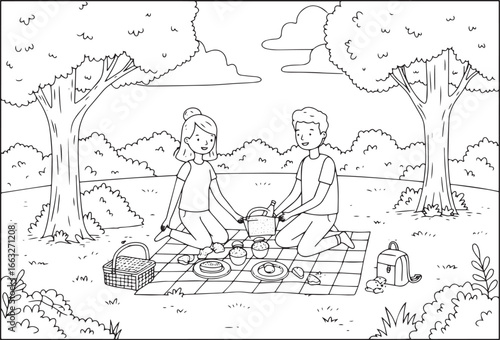 Line art illustration of a couple enjoying a picnic in a park se
