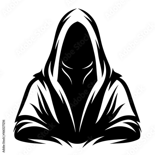 Mysterious hooded figure in black and white vector art illustration