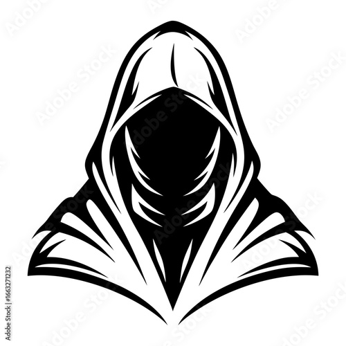 Black and White Hooded Figure with Mysterious Face, a Powerful Graphic Design