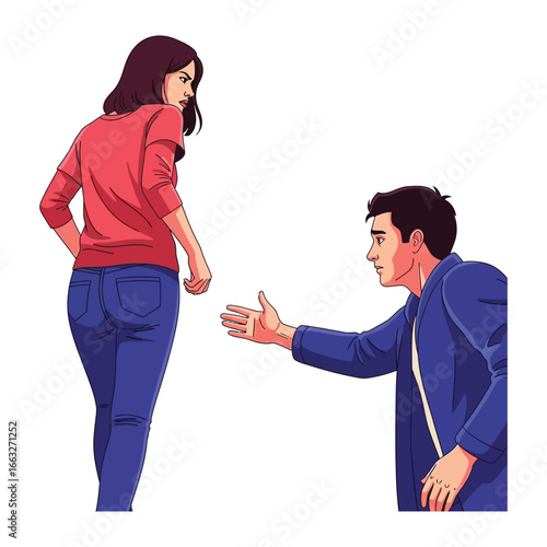 Discord in the relationship: A scene of a man reaching out in desperation as a woman looks angry. The conflict and emotional tension. 