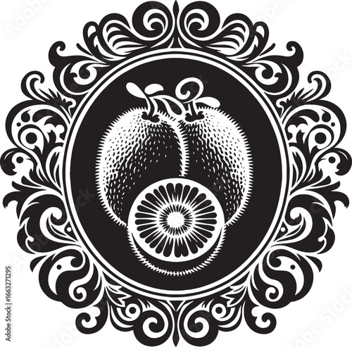 Elegant black and white illustration of jackfruit and kiwi slice within a decorative frame