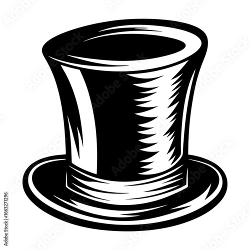 Dramatic black and white top hat illustration with bold graphic design elements