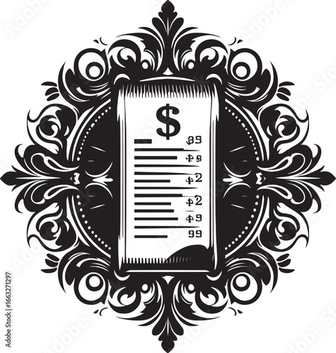 Elegant Black and White Illustration of a Detailed Receipt with Ornamental Frame