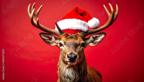 Deer wearing Santa hat against red