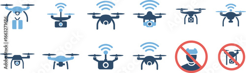 Drone icons set, quadcopter technology, delivery drone, aerial camera drone, WiFi signal drone, pilot controller, no drone zone, gadget illustration