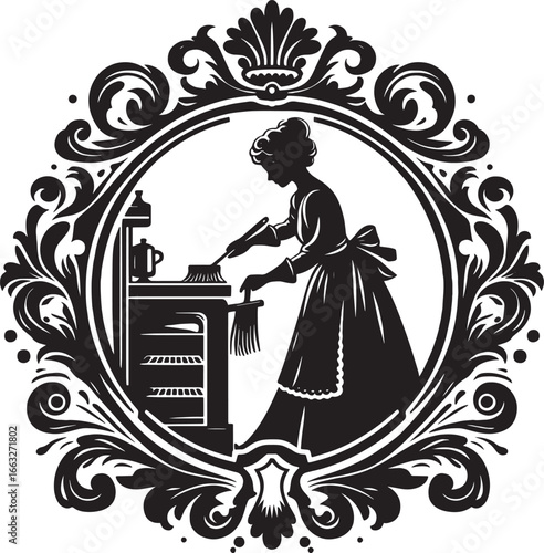 Elegant Black and White Silhouette of a Woman Cleaning a Vintage Kitchen with Ornate Frame
