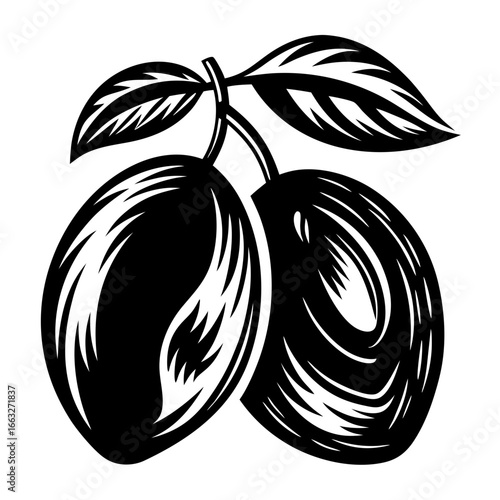 Two plums with leaves illustration in solid black and white design