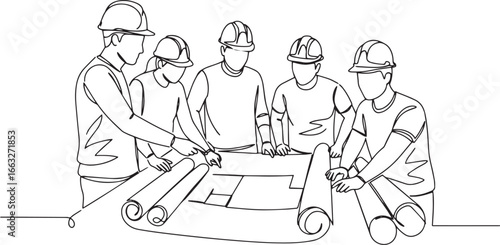 Continuous line drawing of construction workers collaborating on