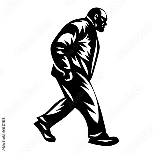 Stylized illustration of a bald man walking with a pronounced stoop