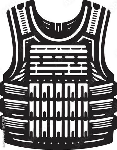 Black and white illustration of a tactical vest, a symbol of protection and security