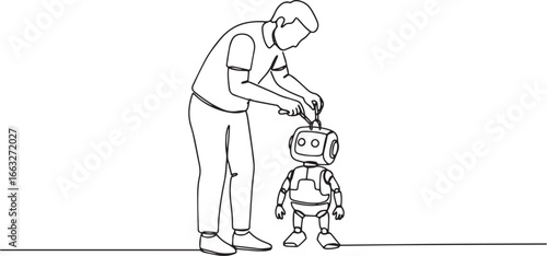 Continuous Line Drawing: Man Interacting with Robot Toy, Concept