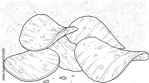 Monochrome potato chips illustration on swirls pattern backgroun