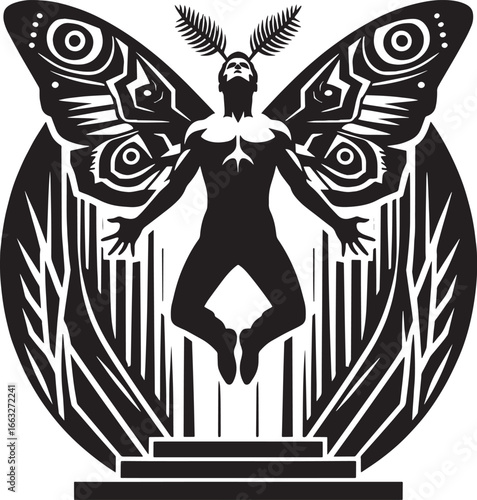 Stylized Black and White Illustration of a Humanoid Figure with Moth Wings in Ascending Flight